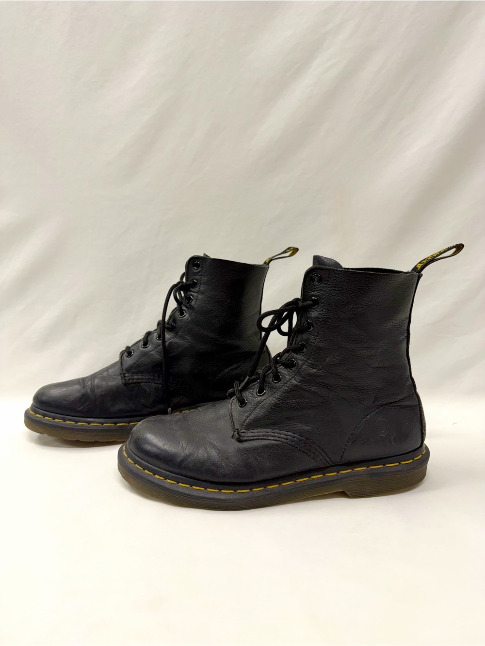 Dr. Martens Black Leather Lace-Up Combat Boots with Yellow Stitching
